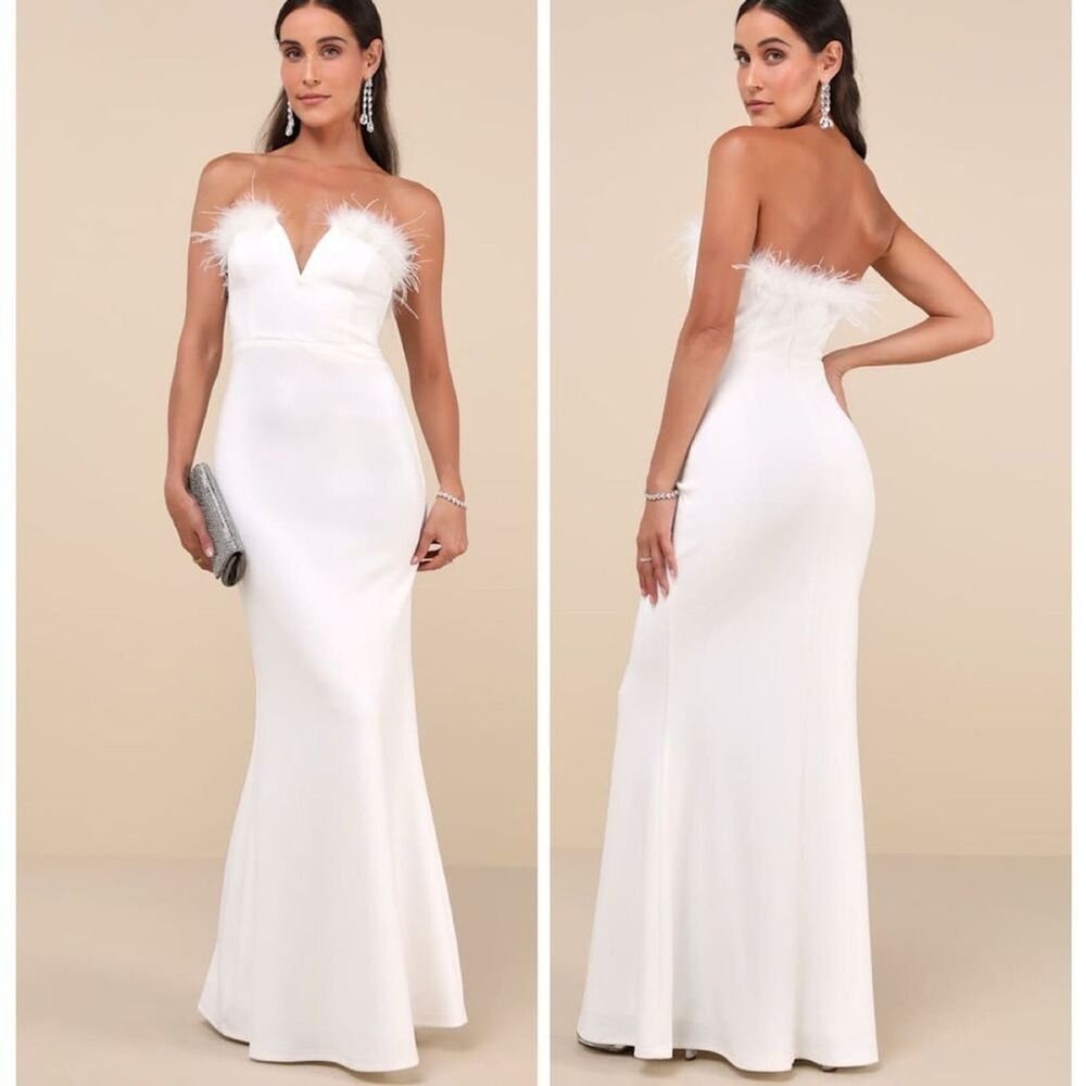 Lulus Extraordinary Glam White Feather Strapless Mermaid Maxi Dress size Medium